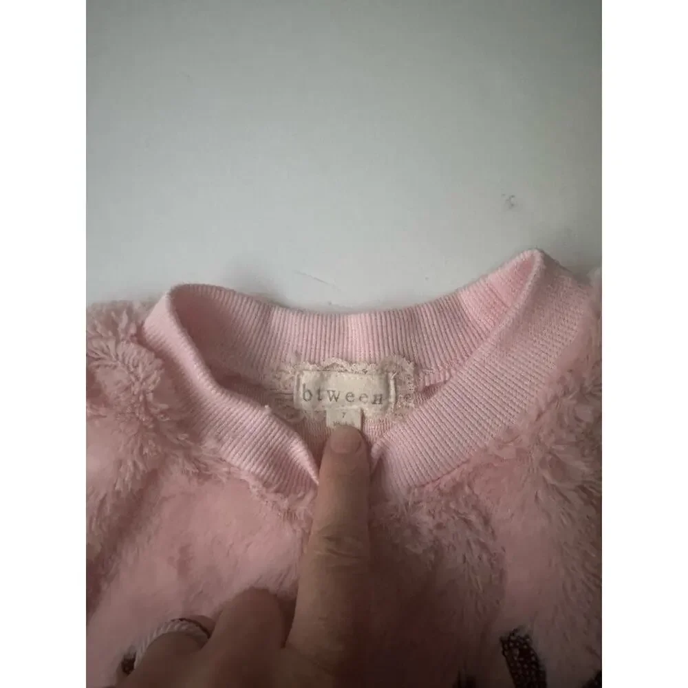 Girls Pink Fuzzy Deer Christmas Sweater - Size 7 - Picture 2 of 4